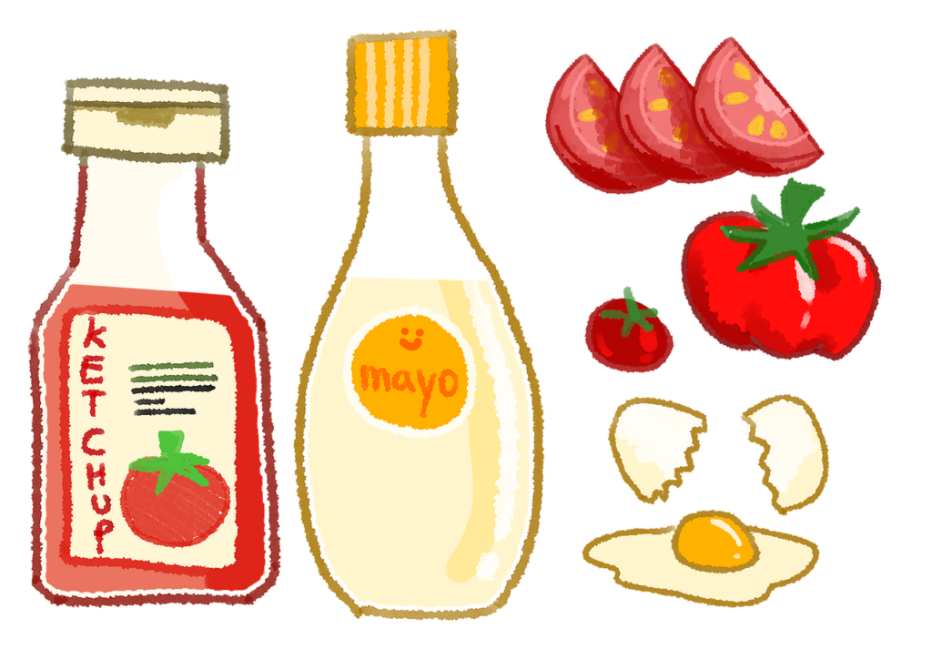 drawing of mayonnaise, ketchup and their ingredients: tomato and egg.