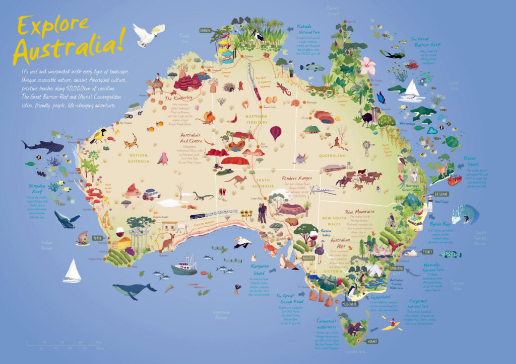 Large detailed travel illustrated map of Australia | Australia | Oceania | Mapsland | Maps of the World