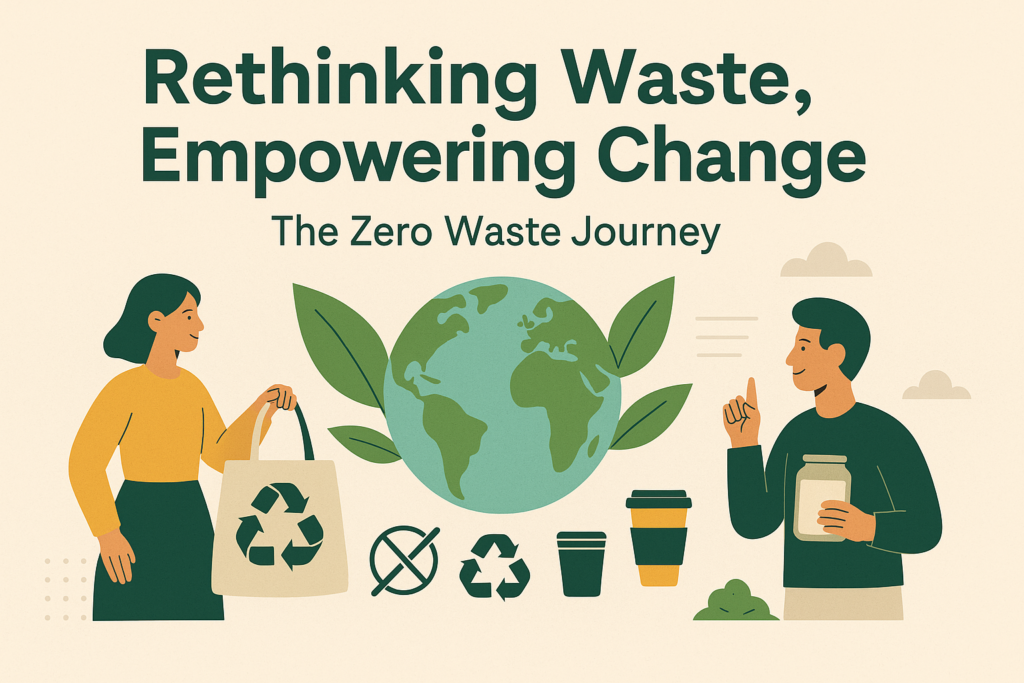 zero waste image, 2 people, the world and the recycling symbol
